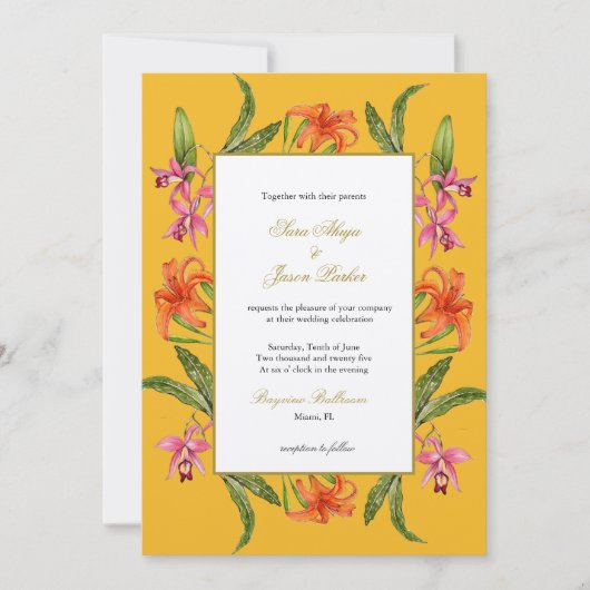 Tropical Watercolor Floral Mustard Wedding Einladung (Vorderseite)