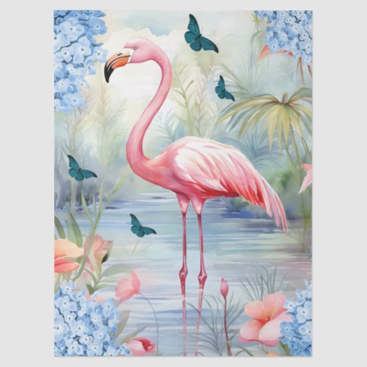 Tropical Watercolor Florals Flamingo & Butterflieg Seidenpapier (Vorderseite)