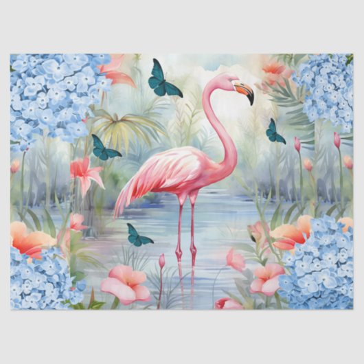 Tropical Watercolor Florals Flamingo & Butterflieg Seidenpapier (Vorderseite)