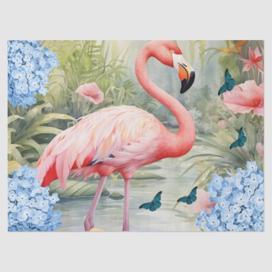 Tropical Watercolor Florals Flamingo & Butterflieg Seidenpapier (Vorderseite)