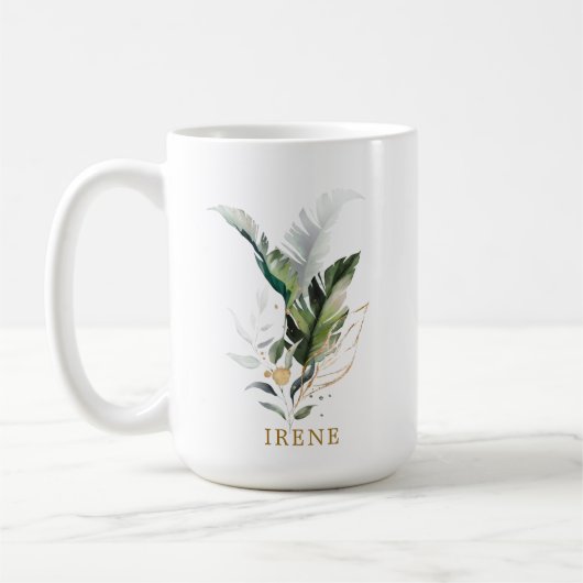 Tropical Watercolor Foliage Gold Script Kaffeetasse (Links)