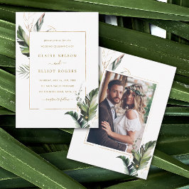Tropical Watercolor Foliage Gold Wedding Foto Einladung