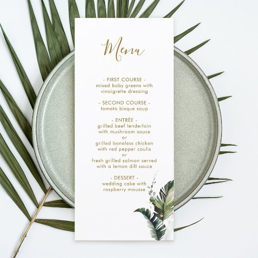 Tropical Watercolor Foliage Gold Wedding Menu Menükarte
