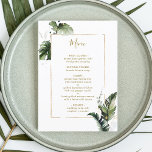 Tropical Watercolor Foliage Gold Wedding Menu Menükarte<br><div class="desc">Dieses Hochzeitsmenü bietet tropisches tropisches Wasser,  Monstera-Blätter,  Palmenblättern,  Bananenblättern mit goldfarbenem Rechteck. Es ist ideal für einen Strand,  Sommer oder Hochzeit in Urlaubsort. >>>> Karo aus der gesamten Auflistung >>> https://www.zazzle.com/collections/tropical_foliage_gold_collection-119316977990783186</div>