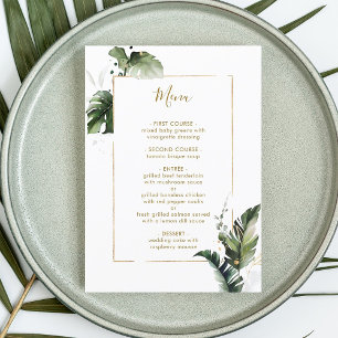 Tropical Watercolor Foliage Gold Wedding Menu Menükarte