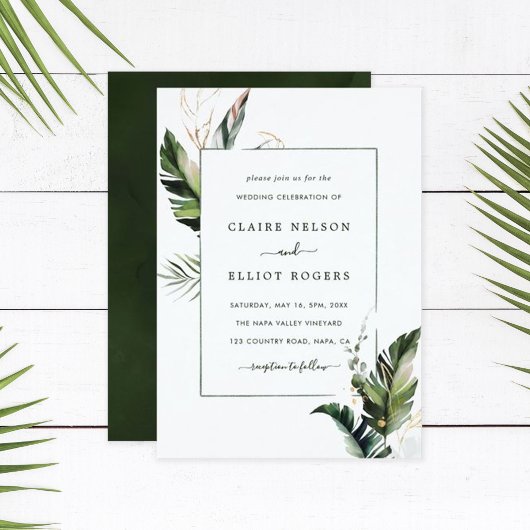 Tropical Watercolor Foliage Green Frame Wedding Einladung