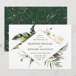 Tropical Watercolor Foliage Green Gold Hochzeit Einladung