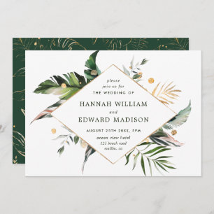 Tropical Watercolor Foliage Green Gold Hochzeit Einladung