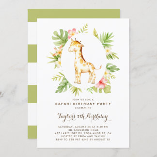 Tropical Watercolor Giraffe Safari Kindergeburtsta Einladung