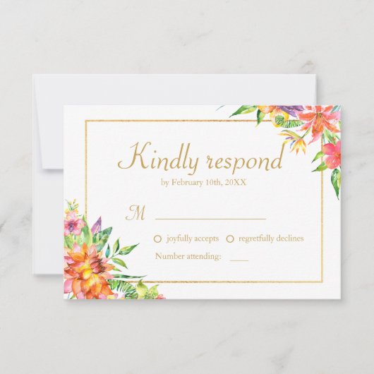 Tropical Watercolor Gold Frame Wedding RSVP Karte (Vorderseite)