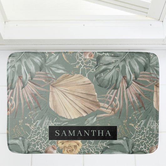 Tropical Watercolor Gold & Green Blätter Muster Badematte