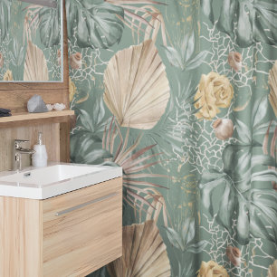 Tropical Watercolor Gold & Green Blätter Muster Duschvorhang