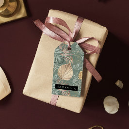 Tropical Watercolor Gold & Green Blätter Muster Geschenkanhänger