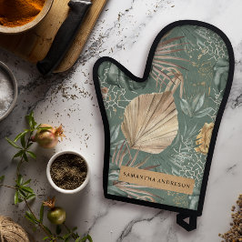 Tropical Watercolor Gold & Green Blätter Muster Ofenhandschuh & Topflappen-Set