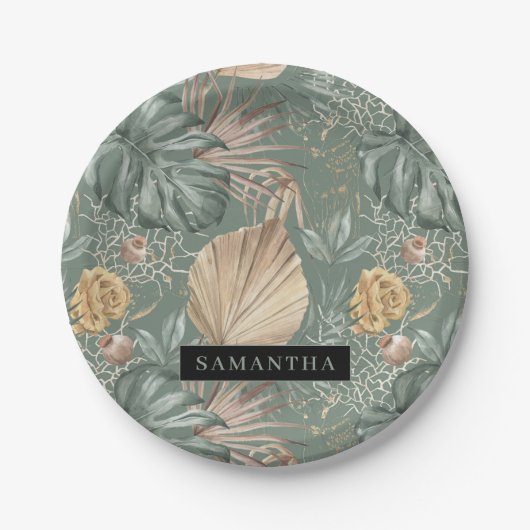 Tropical Watercolor Gold & Green Blätter Muster Pappteller (Vorderseite)