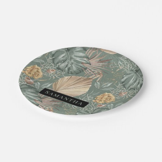 Tropical Watercolor Gold & Green Blätter Muster Pappteller (Schrägansicht)