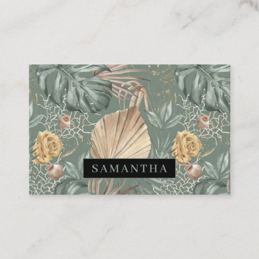 Tropical Watercolor Gold & Green Blätter Muster Visitenkarte (Vorderseite)