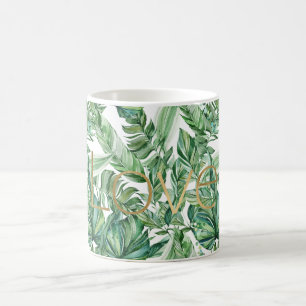 Tropical Watercolor Green Blätter Gold Liebe (dünn Kaffeetasse