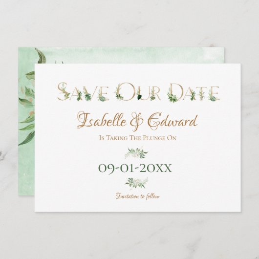 Tropical Watercolor Green & Gold Monstera Blätter Save The Date (Vorne/Hinten)