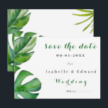 Tropical Watercolor Green Leaves Custom Save The Date<br><div class="desc">This elegant tropical design features lush green watercolor leaves framing a clean and modern layout. The fresh botanical elements, including palm and monstera-inspired foliage, create a natural and sophisticated look perfect for destination weddings, beach ceremonies, or garden celebrations. With its minimalist style and vibrant greenery, this design brings a refreshing,...</div>