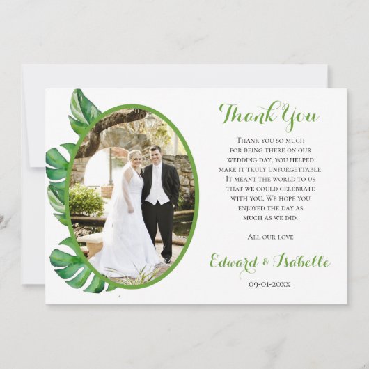 Tropical Watercolor Green Monstera Blätter Hochzei Dankeskarte (Vorderseite)