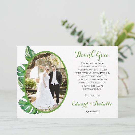 Tropical Watercolor Green Monstera Blätter Hochzei Dankeskarte (Stehend Vorderseite)