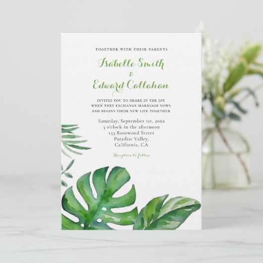Tropical Watercolor Green Monstera Blätter Hochzei Einladung (Stehend Vorderseite)