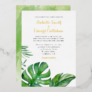 Tropical Watercolor Green Monstera Blätter Hochzei Folieneinladung