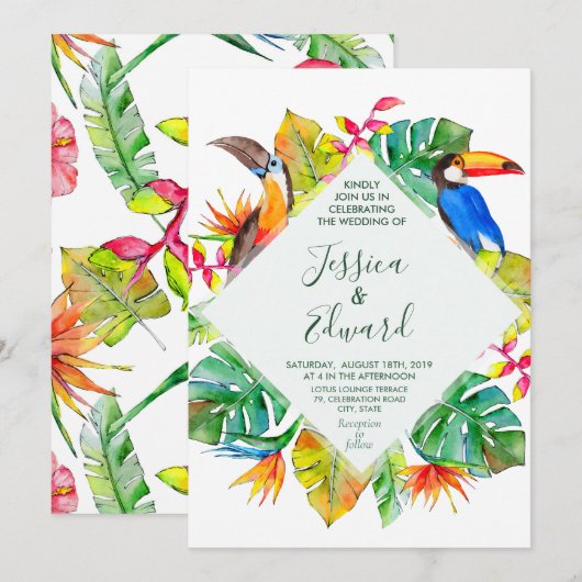 Tropical Watercolor Hawaii Exotic Birds Einladung (Vorne/Hinten)