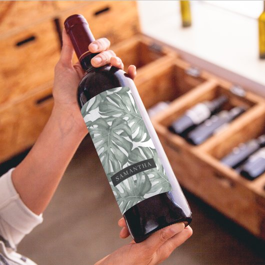 Tropical Watercolor Modern Oasis Leaves Weinetikett