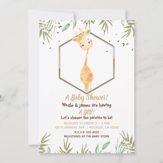 Tropical Watercolor Niedlich Giraffe Boys Babydusc Einladung (Vorderseite)