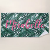 Tropical Watercolor Palm Blätter Custom Pink Name Strandtuch (Vorderseite)