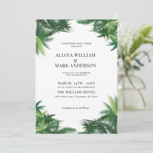 Tropical Watercolor Palm Trees Boho Hochzeit Einladung (Stehend Vorderseite)