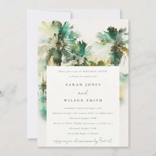 Tropical Watercolor Palm Trees Probe Abendessen Einladung (Vorderseite)
