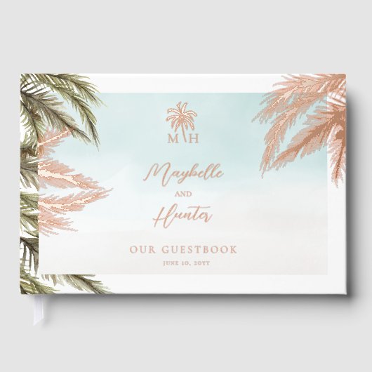 Tropical Watercolor Palm Trees Wedding Monogram Gästebuch (Vorderseite)