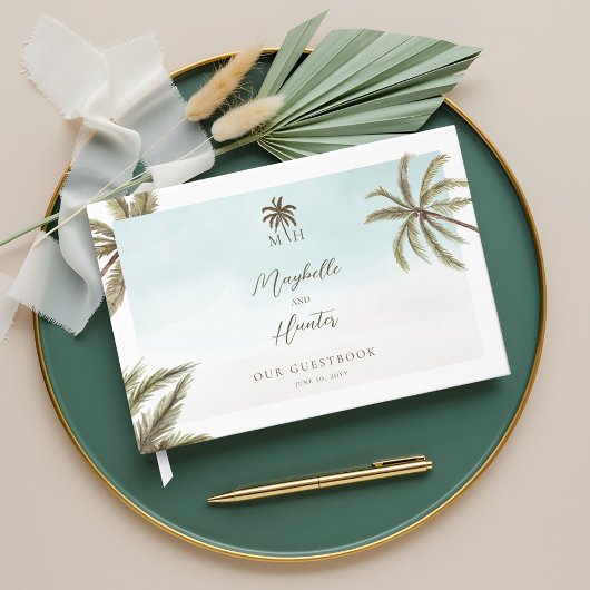 Tropical Watercolor Palm Trees Wedding Monogram Gästebuch