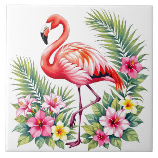 Tropical Watercolor Pink Flamingo Floral Hawaiian Fliese
