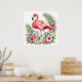 Tropical Watercolor Pink Flamingo Floral Hawaiian Poster (Küche)
