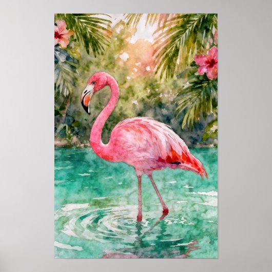 Tropical Watercolor Pink Flamingo Floral Paradise Poster (Vorne)