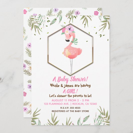 Tropical Watercolor Pink Flamingo Kinderdusche Einladung (Vorne/Hinten)