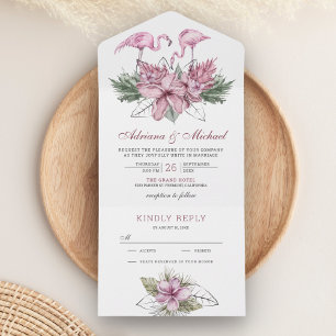 Tropical Watercolor Pink Floral Flamingo Wedding All In One Einladung