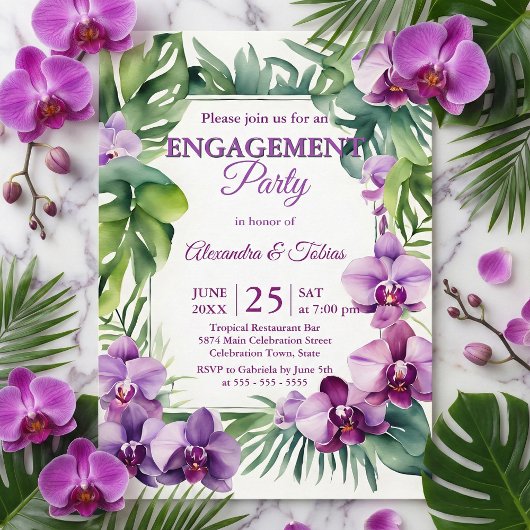 Tropical Watercolor Purple Orchid Engagement Party Einladung