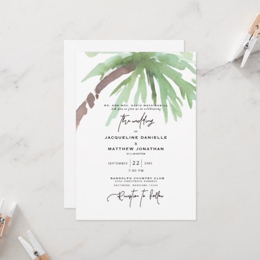 Tropical Watercolor White Wedding Einladung (Vorderseite/Rückseite Beispiel)