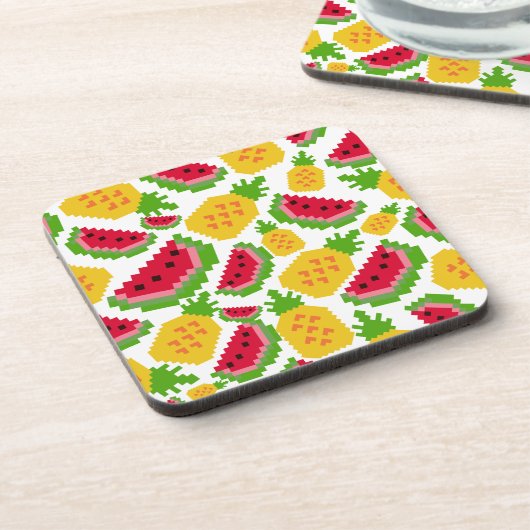 Tropical Watermelon and Pineapple Pixel Pattern Getränkeuntersetzer (Linke Seite)