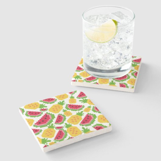 Tropical Watermelon and Pineapple Pixel Pattern Steinuntersetzer (Seitenansicht)