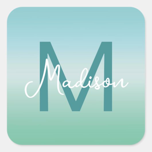 Tropical Waters Gradient Monogram Name  Quadratischer Aufkleber (Vorderseite)