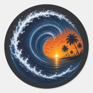 Tropical Wave Sunset Surf Logo-Shirt   Ozeanwirbel Runder Aufkleber
