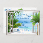 Tropical Wedding Beach Scene Save the Date Card Ankündigungspostkarte (Vorne/Hinten)