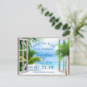 Tropical Wedding Beach Scene Save the Date Card Ankündigungspostkarte (Stehend Vorderseite)