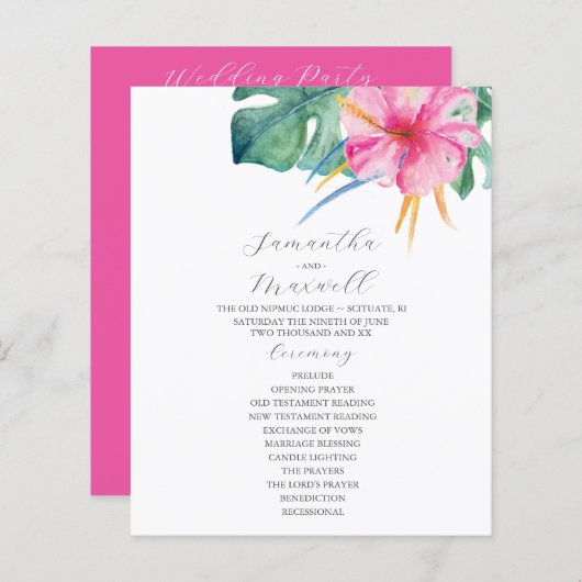 Tropical Wedding Ceremony Programs Pink Flowers (Vorne/Hinten)